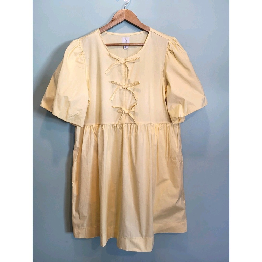 New Joie Butter Yellow Babydoll Puff Sleeve Bow Pockets Dress Sz L - Picture 1 of 8